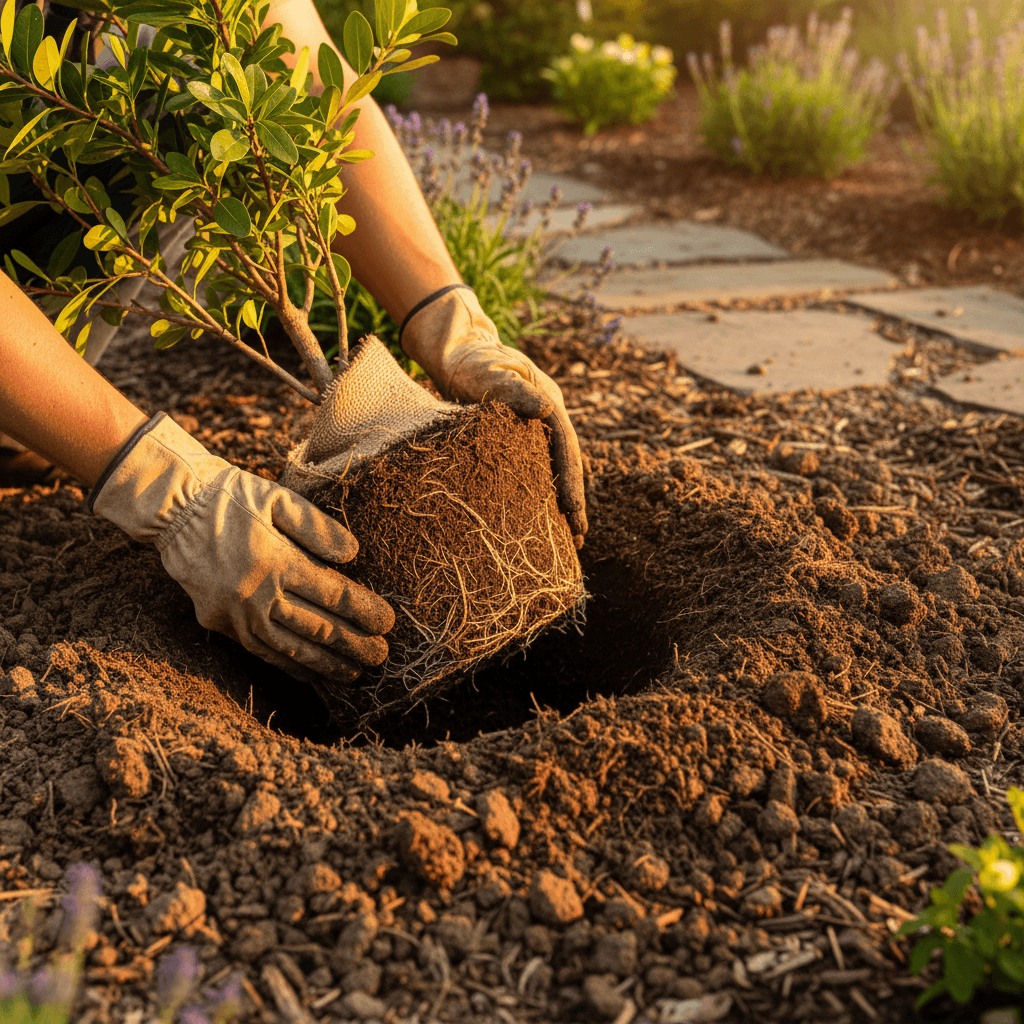 Landscaper adjusting a drip irrigation emitter near a shrub
