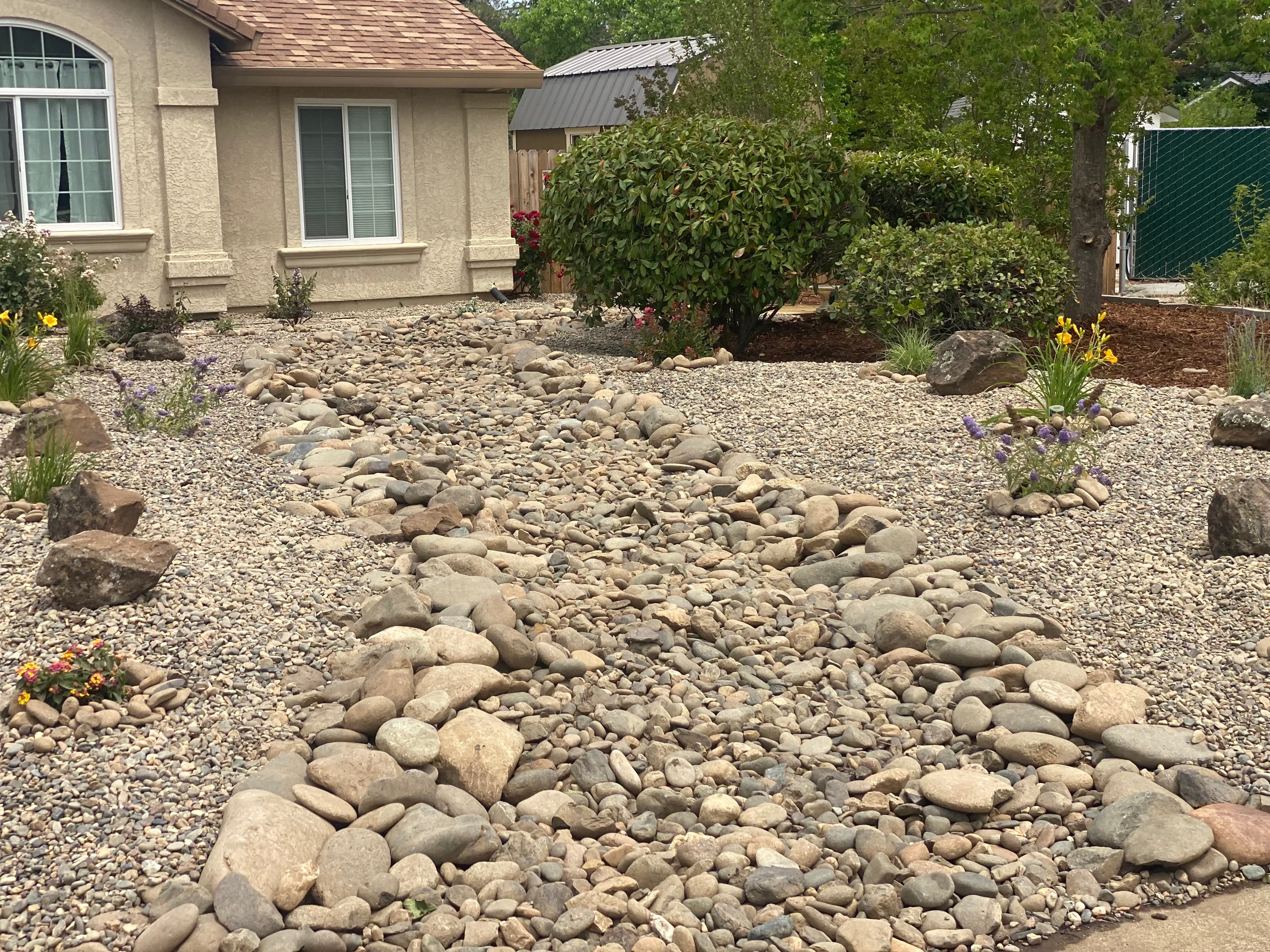 Dry creek bed of smooth river rocks in a xeriscaped front yard with a house.